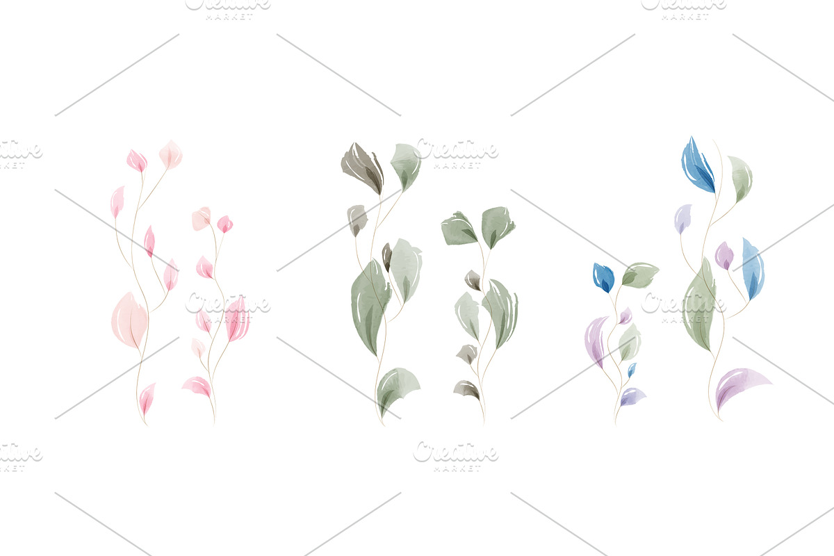 Watercolor leaves set with pink, an Illustration by okskukuruza