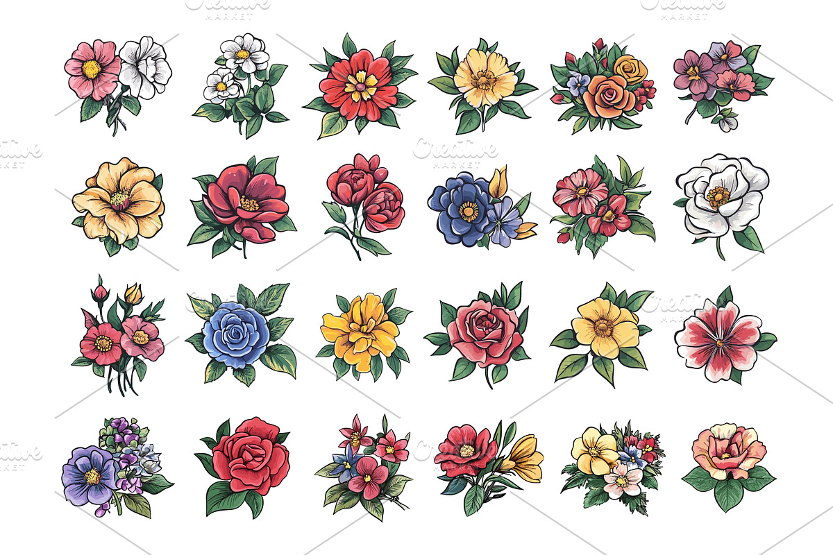 Cartoon flowers and bouquets. Buds, an Illustration by Stock-Smart-Start