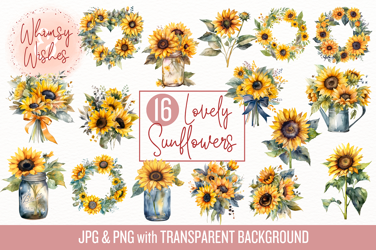 Watercolor Sunflowers Clip Art, a Decorative Illustration by Whimsy & Wishes (Photo 1 of 5)