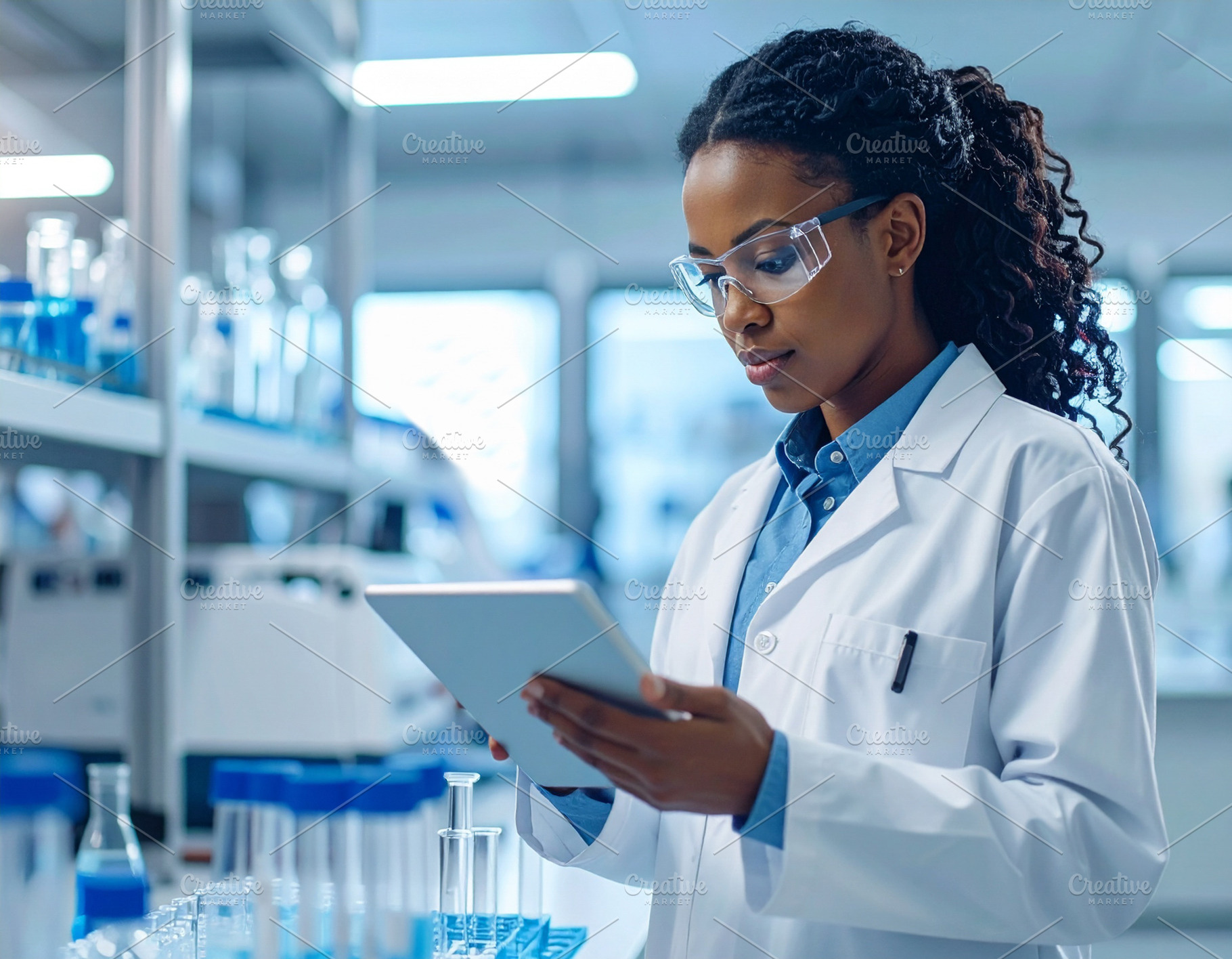 Scientist working with a tablet while examining test tubes, an Industrial Photo by DanFLCreativo