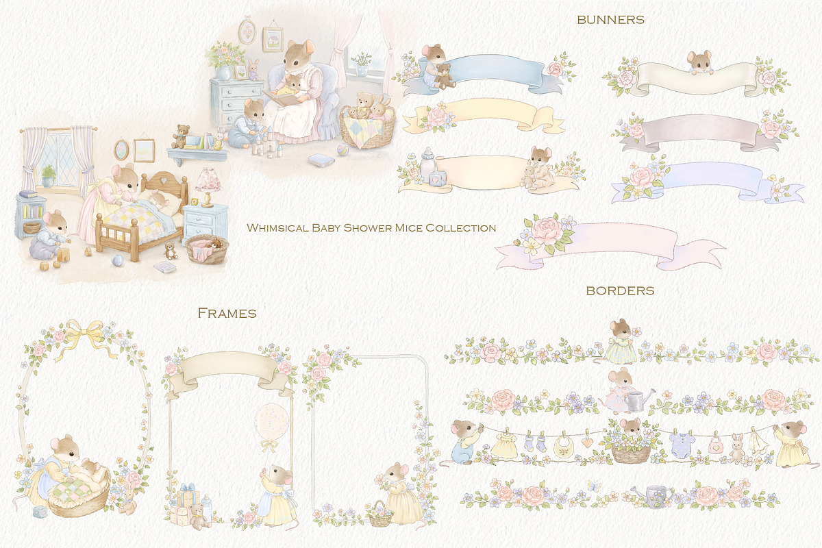 Whimsical Baby Shower Mice Set, an Animal Illustration by AlenaVlasko stock Market (Photo 1 of 9)