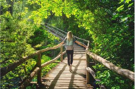 Young woman with backpack on wooden, a Person Photo by den-belitsky