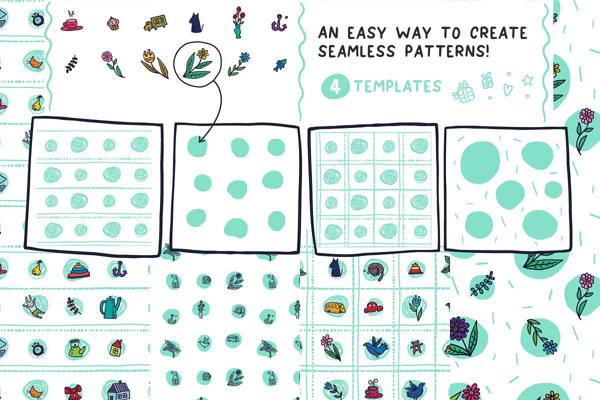 60 Funny Doodle + 14 Patterns, an Object Graphic by Apolinarias Art (Photo 4 of 9)