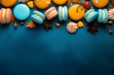 Yellow, blue, beige, pink macaroons on dark blue turquoise background, a Food & Drink Photo by Lenor4ik