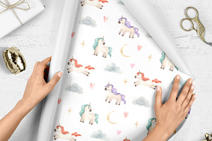 Watercolor Unicorns. Clipart Pattern