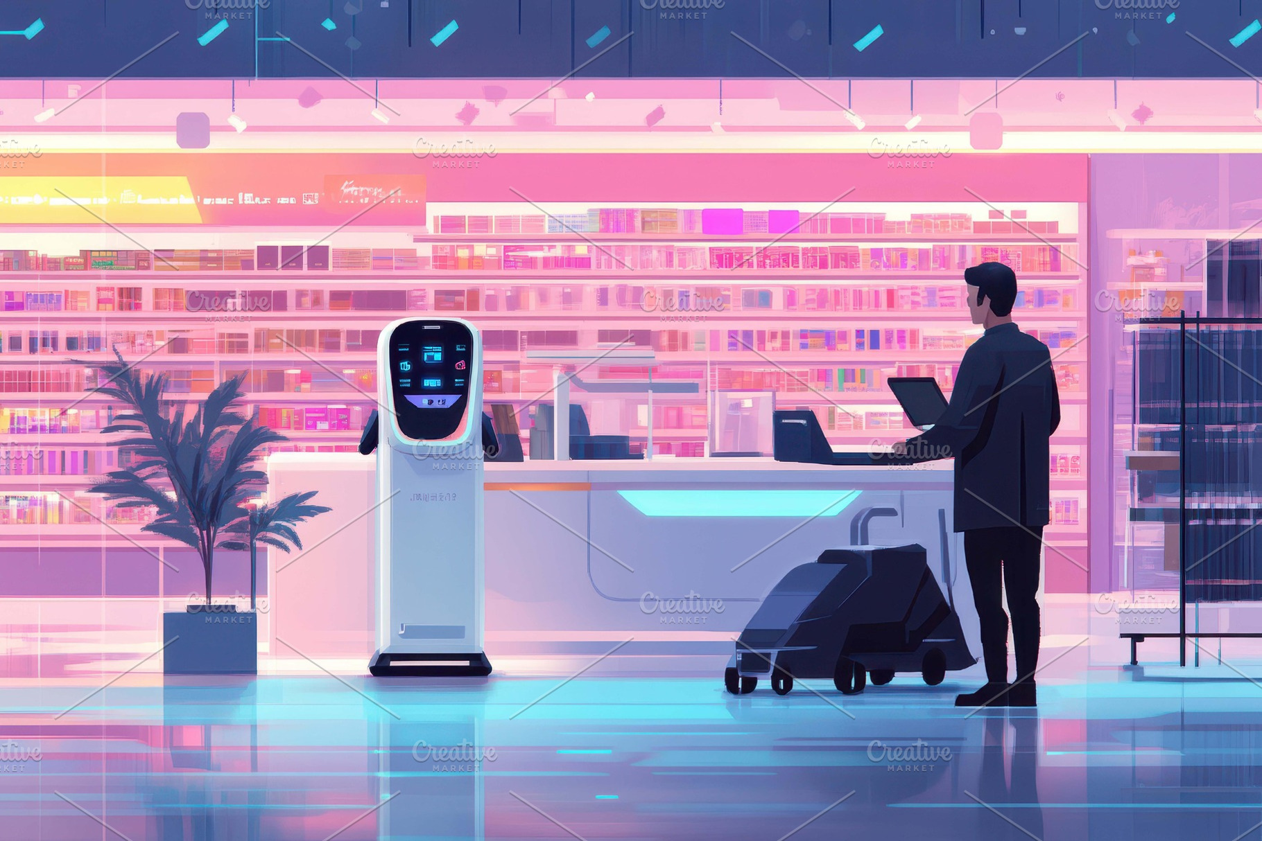 Robot assistant in a vibrant retail, a Photo by Tanuart