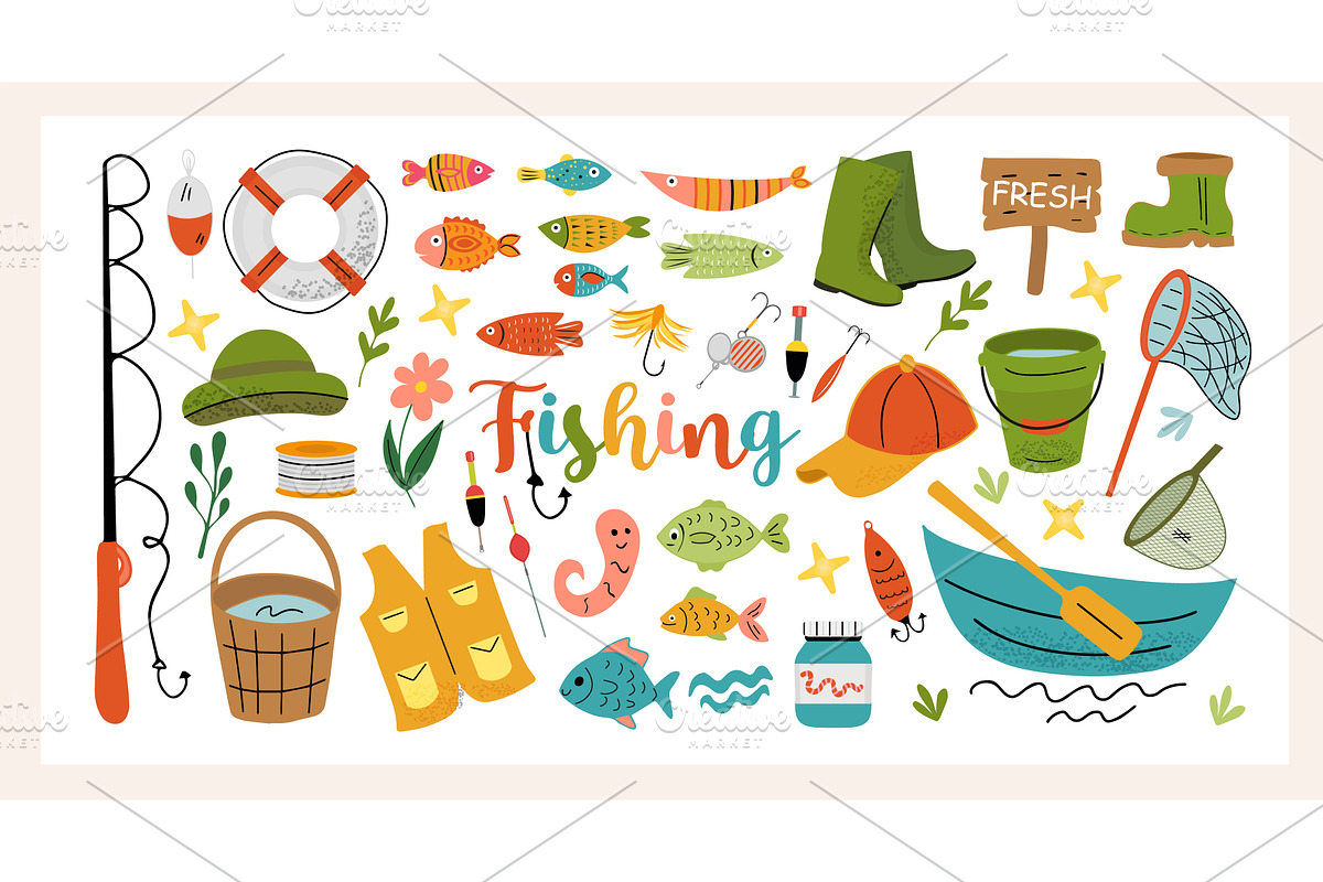 Colorful flat-style vector fishing, an Illustration by Lucia Fox
