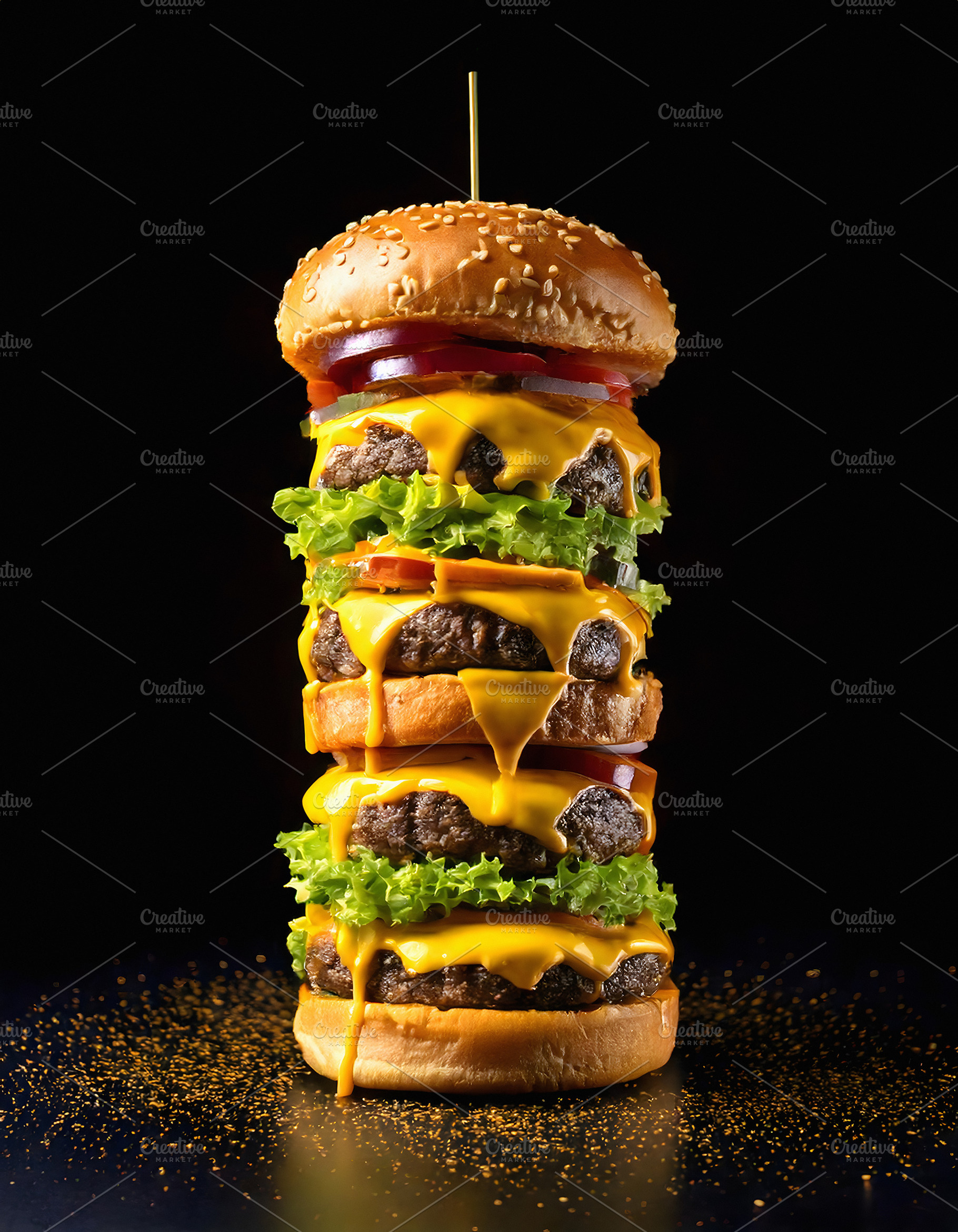 Giant vertical hamburger tower with multiple layers of ingredien, a Food & Drink Photo by GoodGoods