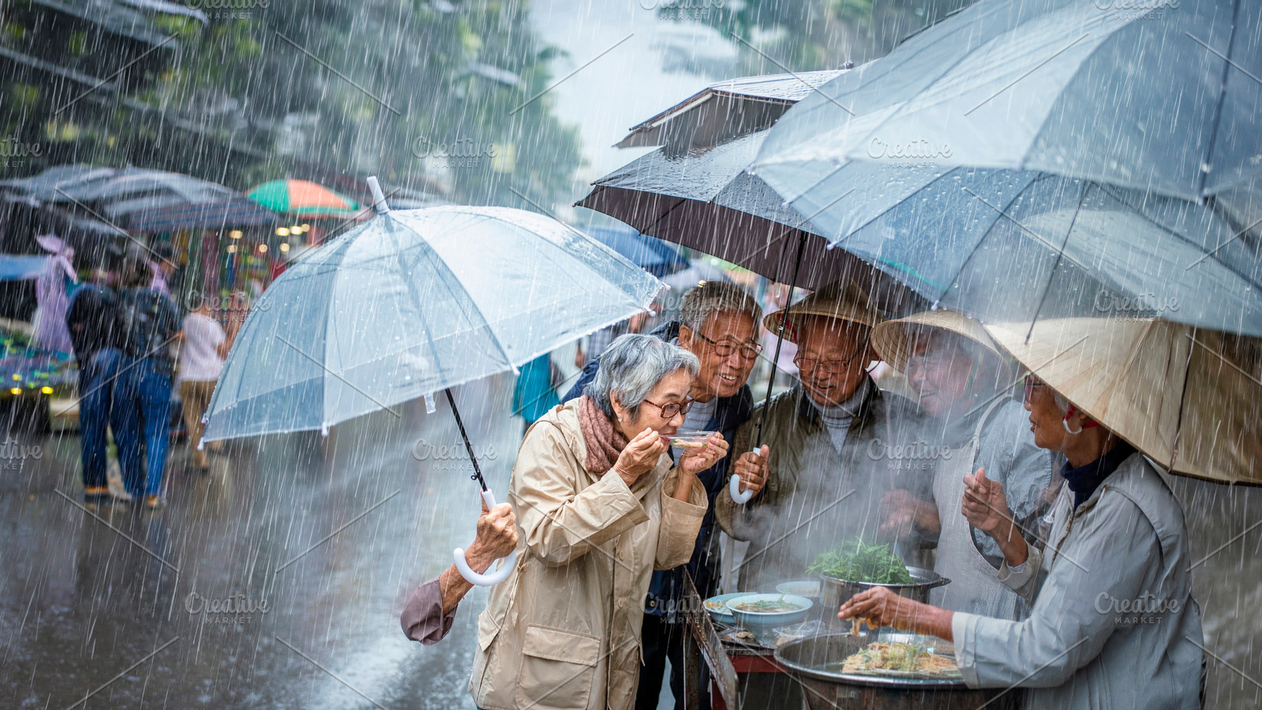 Senior asian tourists gathered around a street food stall in a t, a Person Photo by DanFLCreativo