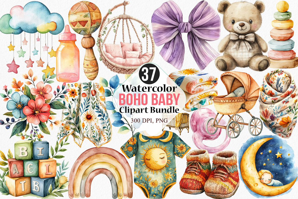 Watercolor Boho Baby Clipart Bundle, an Illustration by Canvas Craft (Photo 1 of 7)