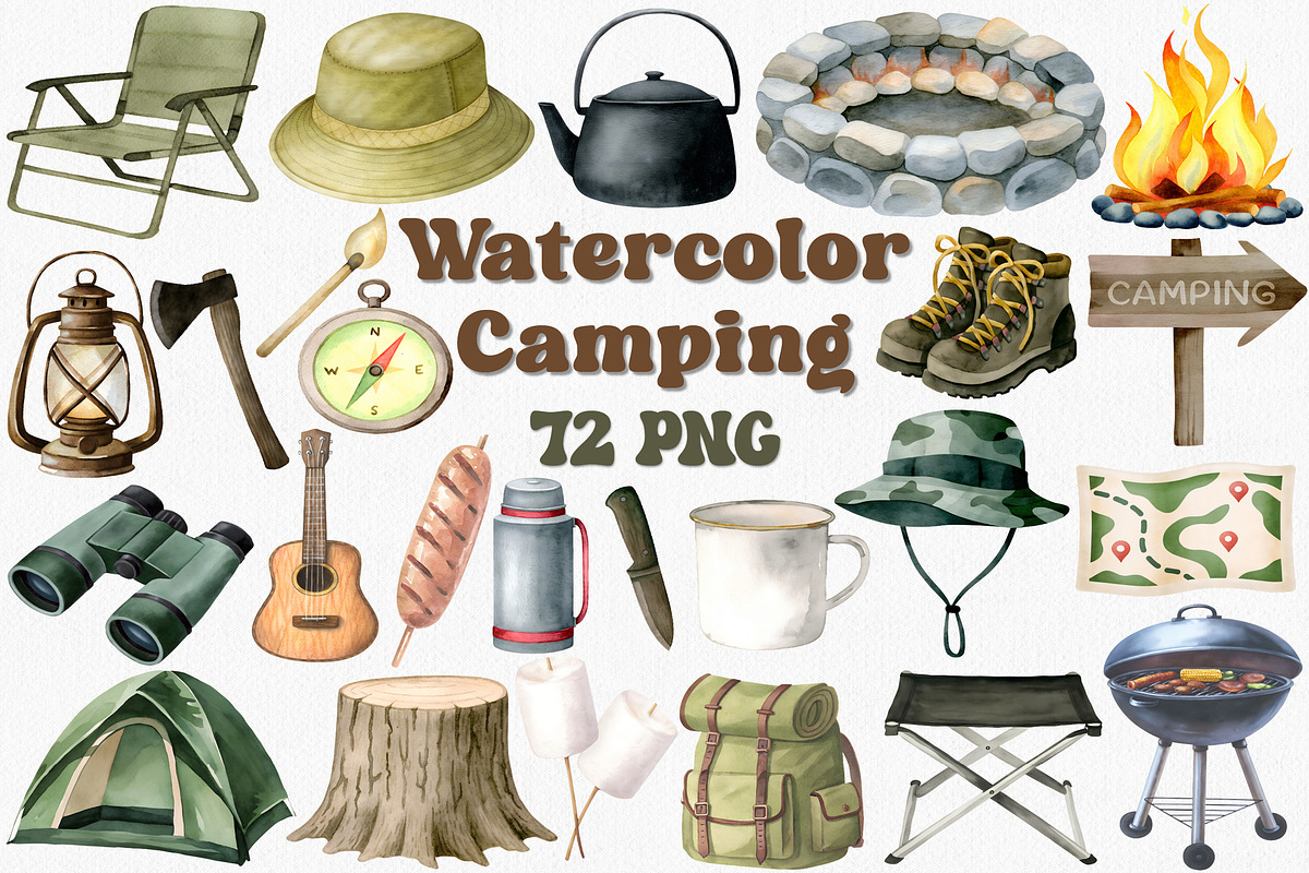 Watercolor Camping Clipart Set, an Illustration by CropUp Creative (Photo 1 of 5)