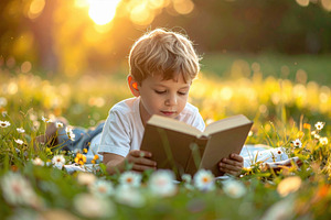 Young Boy Reading at Sunset Meadow, a Sports & Recreation Photo by Davizro's Market