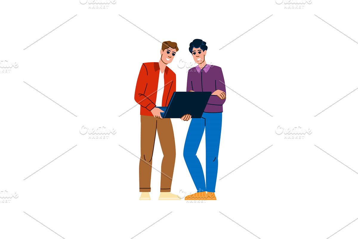 Two smiling men holding laptop and, a Person Illustration by pikepicture