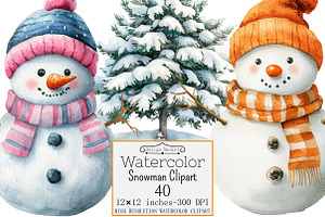 Watercolor Snowman Clipart, a Seasonal Illustration by Design Market