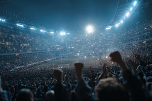 Jubilant crowd at night stadium cele, a Photo by Pixeness Studio