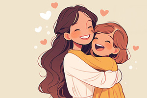 Illustration Of A Joyful Mother And Daughter Hugging With Love