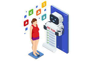 Isometric AI robot holding diet plan, an Education Illustration by Golden Sikorka
