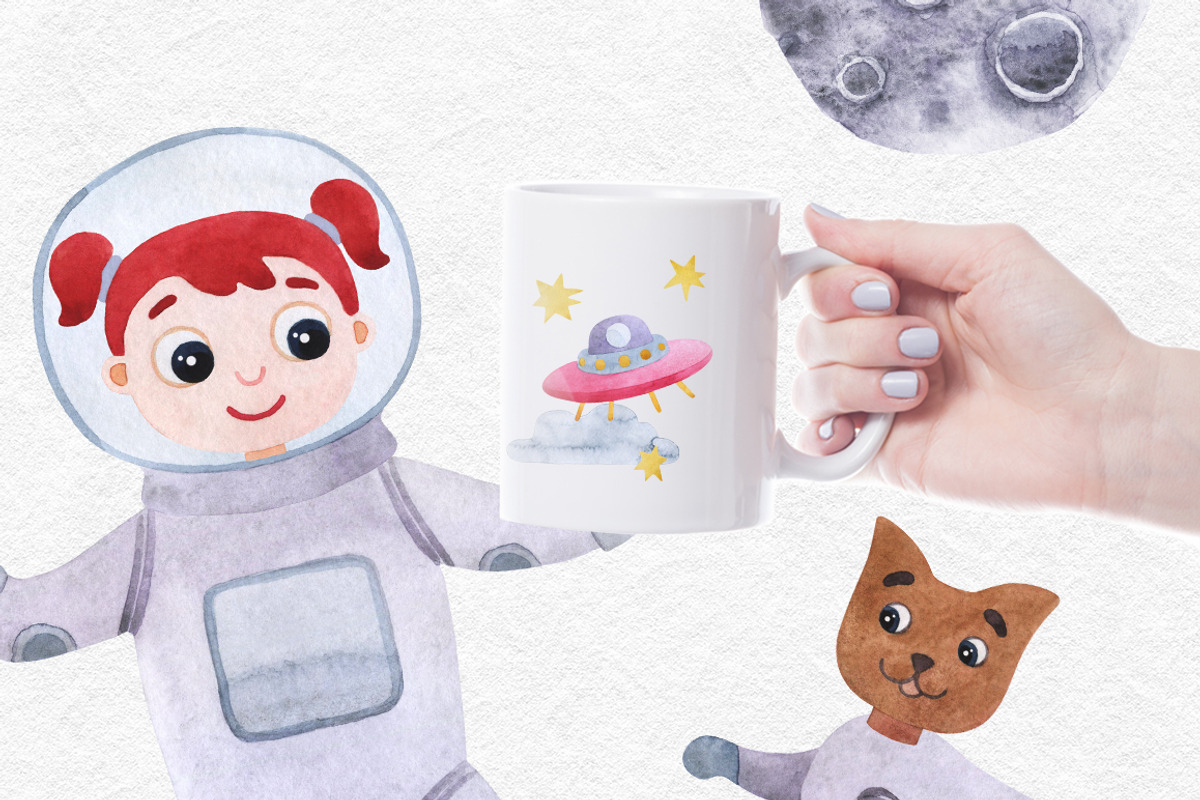 Watercolor space clipart with planet, an Animal Illustration by CreativeByLu (Photo 6 of 11)