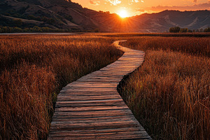 Wooden path sunset landscape nature, a Photo by Pixeness Studio