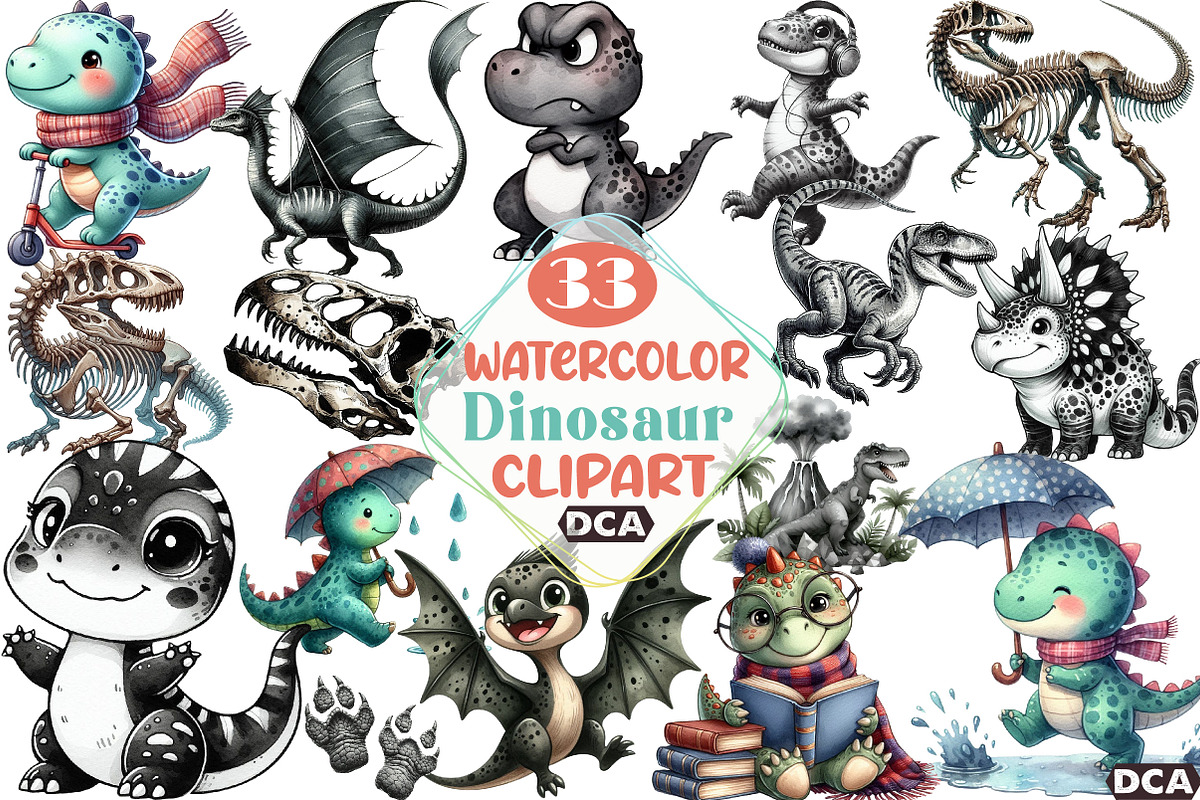 Watercolor Dinosaur Clipart Black an, an Illustration by DreamCafeArt (Photo 1 of 7)