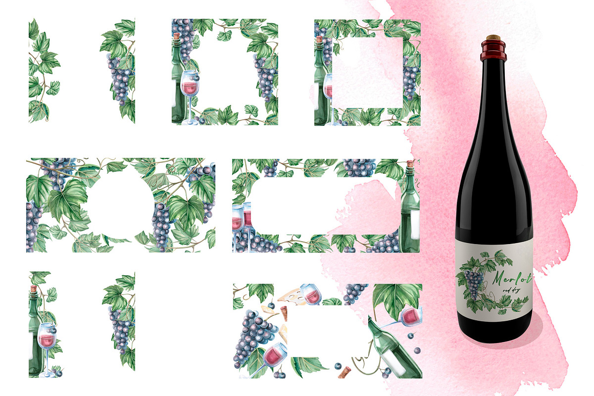 Wine and Grapes,watercolor clip art, a Food Illustration by SvetLana (Photo 8 of 16)
