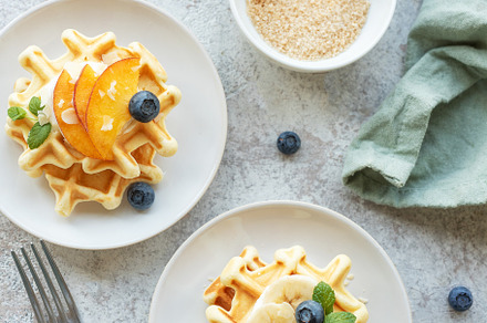 Belgian waffles with fruit, bananas and honey. Homemade baking., a Food & Drink Photo by Olena Rudo