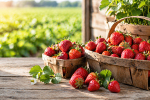 Fresh strawberries in wooden baskets, a Photo by Beautiful things
