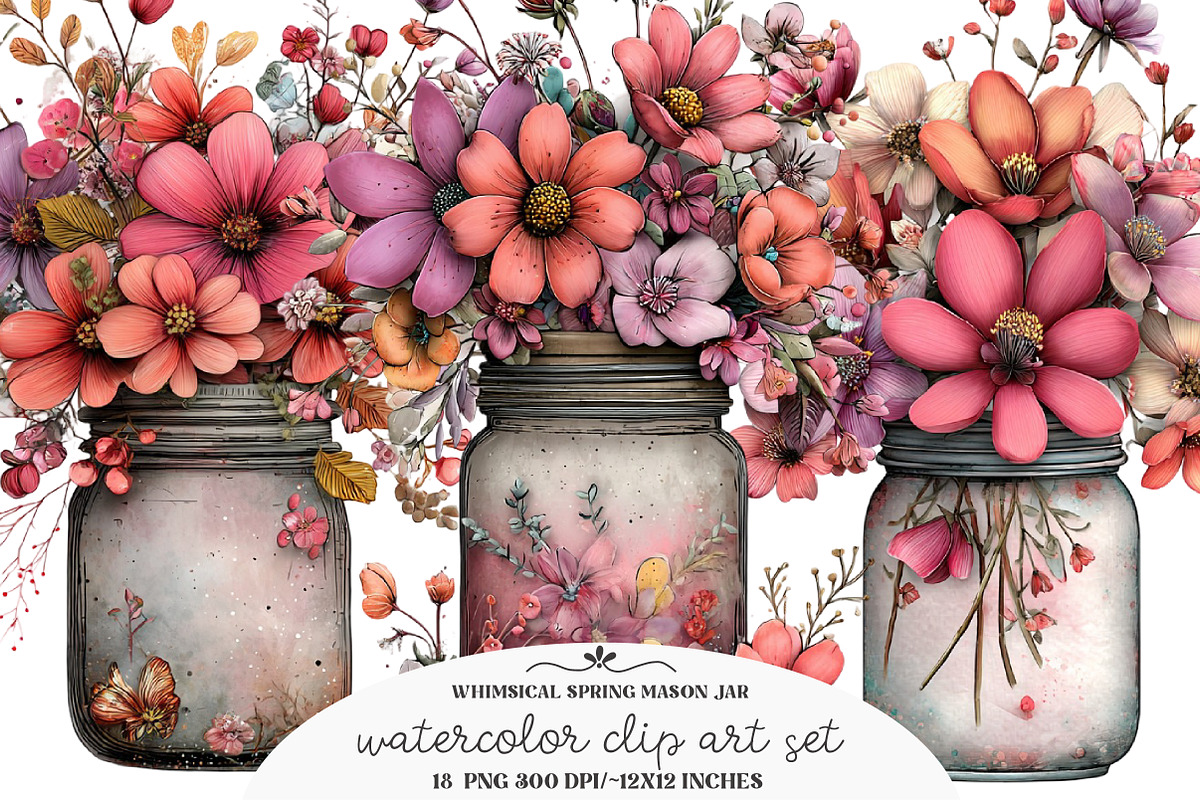 Whimsical Spring Mason Jar Clipart, an Illustration by GatewayDesign (Photo 1 of 5)