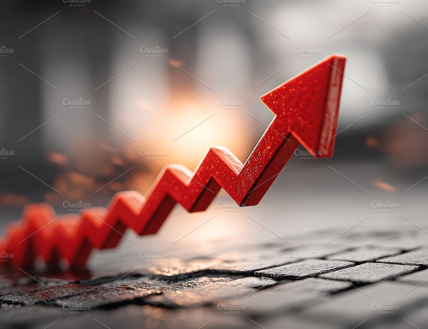 Red arrow with upward trend rising from cobblestone surface agai, an Abstract Photo by José Manuel Gelpi