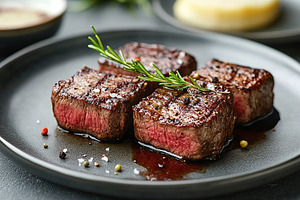 Gourmet steak prepared to perfection with garnishes on a sleek ceramic plate, a Food & Drink Photo by AlyaAnd