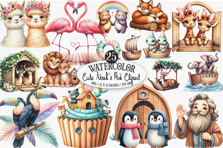 Cute Noah's Ark Watercolor Clip Art,