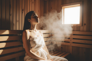 Young woman relaxing in sauna, a Photo by rarrarorro