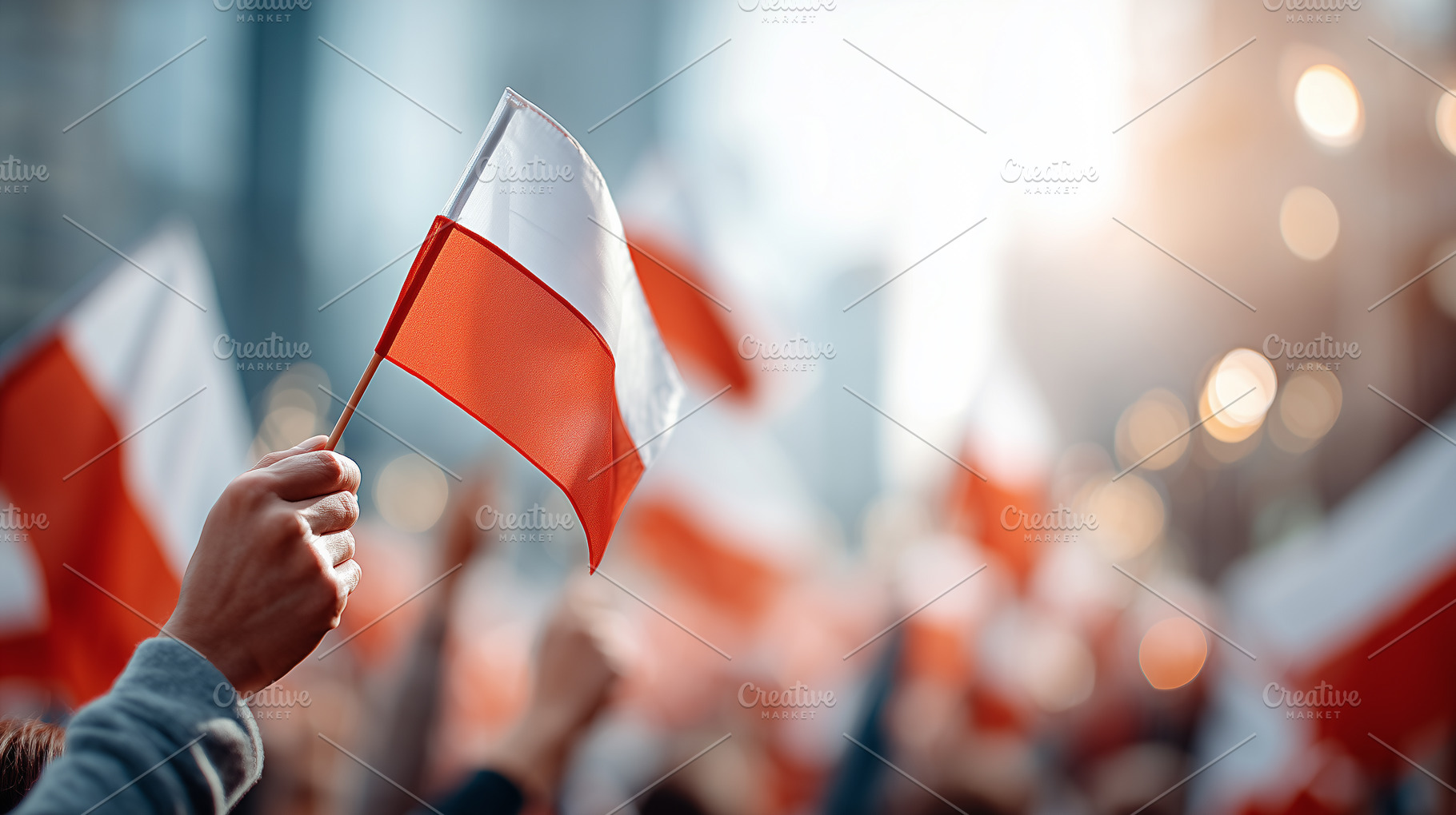 People wave Polish flags in a crowd, a Person Photo by MistyDay