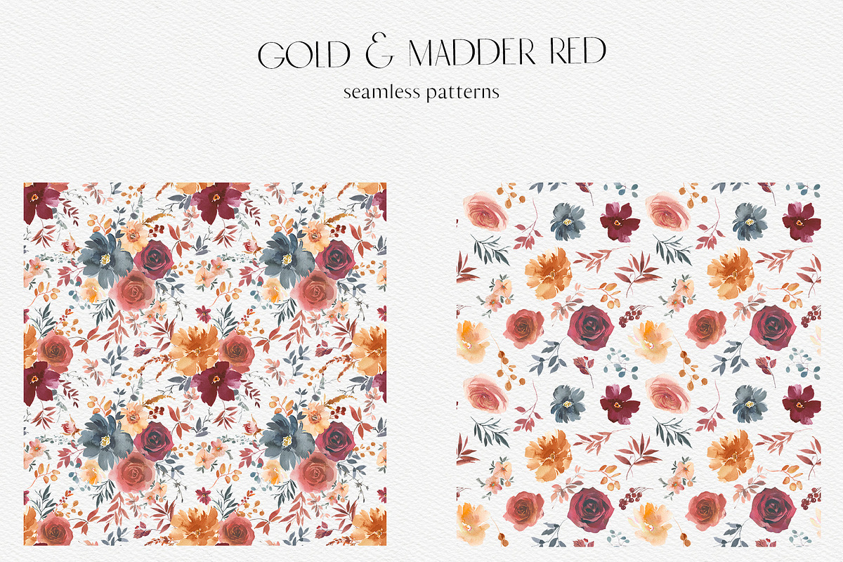 Gold & Madder Red Watercolor Flowers, an Illustration by whiteheartdesign (Photo 4 of 9)