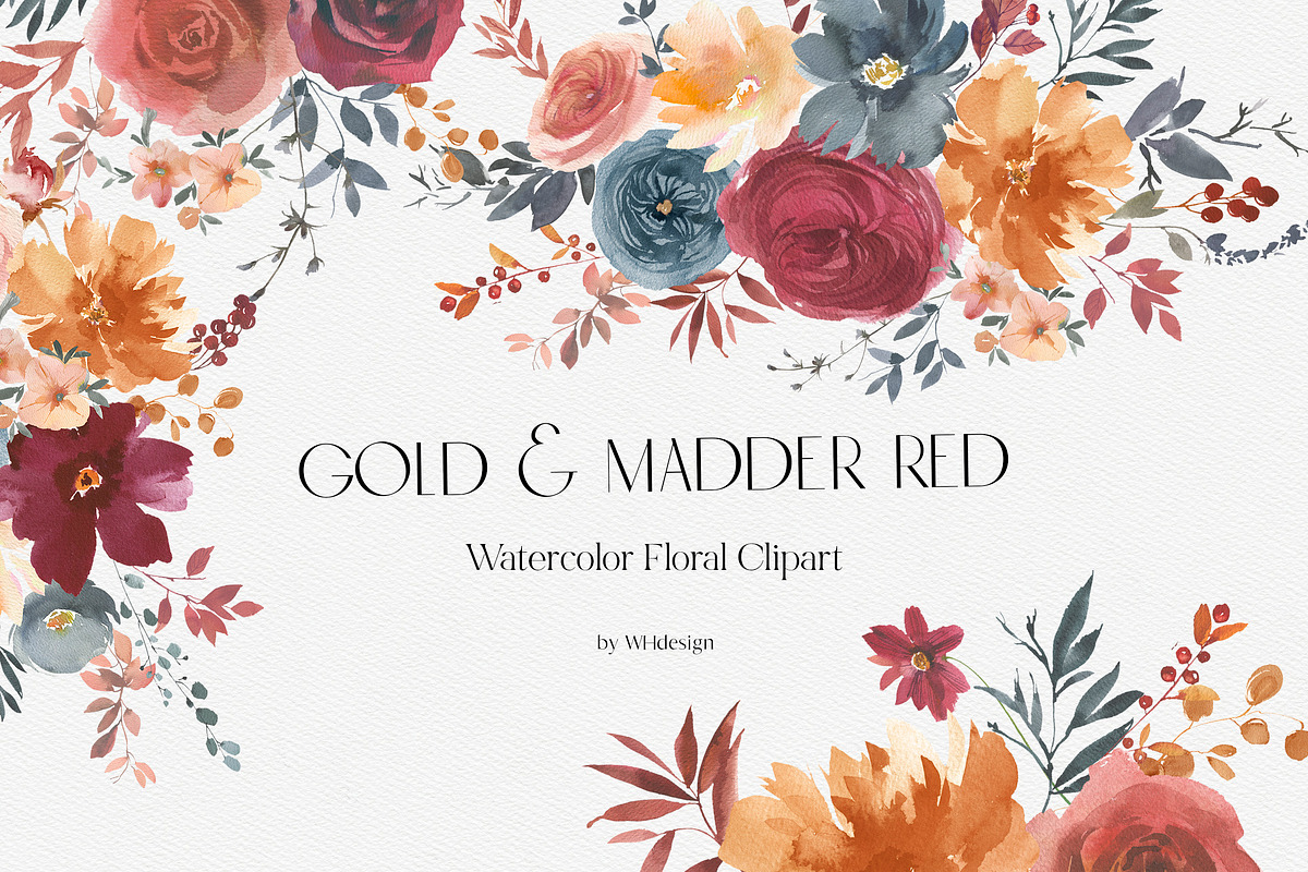 Gold & Madder Red Watercolor Flowers, an Illustration by whiteheartdesign (Photo 1 of 9)