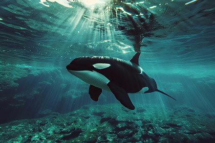 Killer whale swims in underwater world, an Animal Photo by AlyaAnd