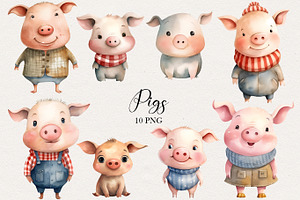 Pigs Watercolor Clipart. AI