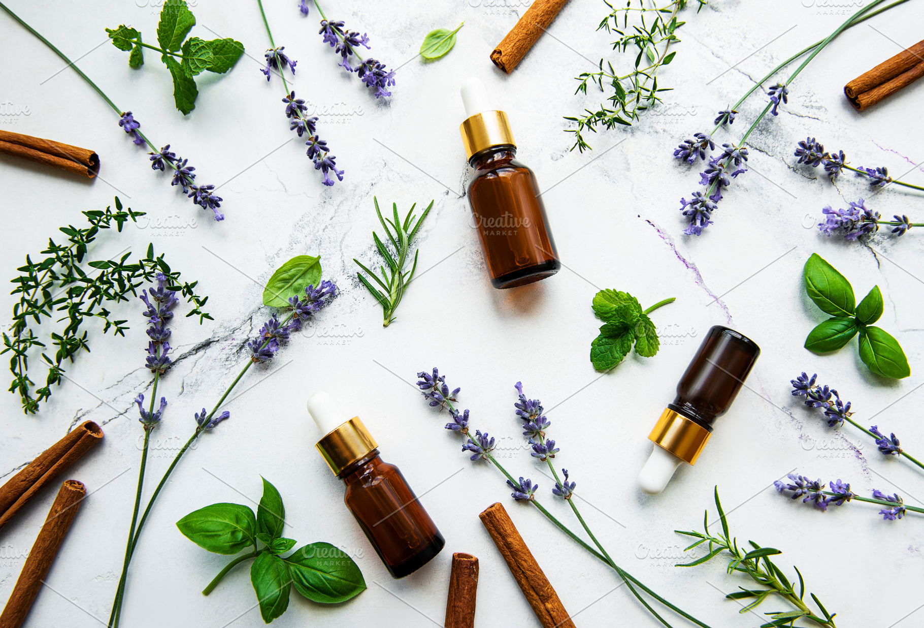 Bottles of essential oils with herbs containing oil, cosmetic, and lavender, a Health & Medical Photo by Olena Rudo