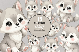 15 Bundle Watercolor Wolf Grey Nigh, an Animal Illustration by Morspective