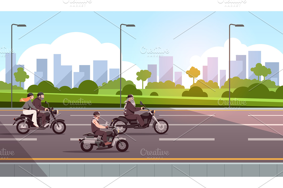 Motorbike riders. Bikers group on, a Transportation Illustration by YummyBuum
