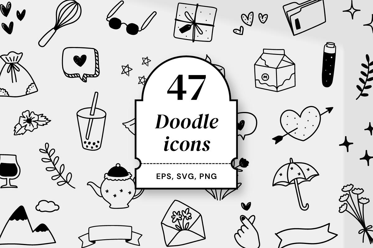 47 black and white doodle icons, an Object Graphic by Pinkbrush (Photo 1 of 4)
