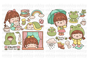 Cute Frog And Girl Raining Clipart