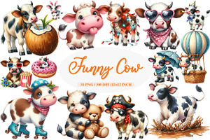 Watercolor Funny Cow Clipart, an Illustration by Daily.Designs
