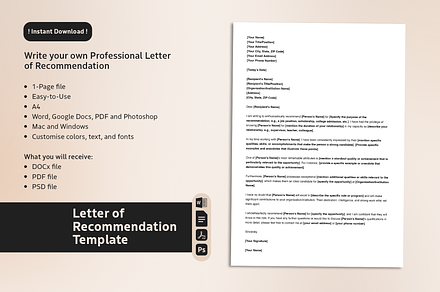 Letter of Recommendation Template, a Print Template by sophiesconcepts