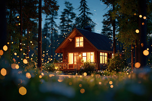 Dacha house illuminated at night surrounded by warm light and serene nature, a Photo by AlyaAnd