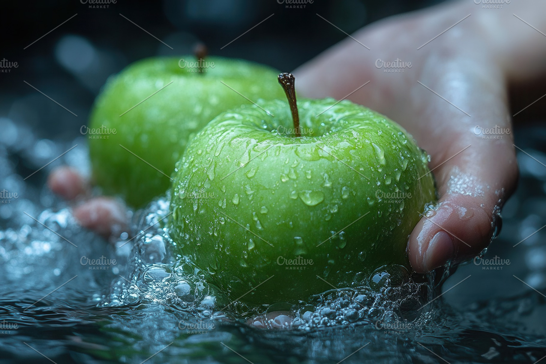 Fresh green apples being washed in c, a Photo by Tanuart