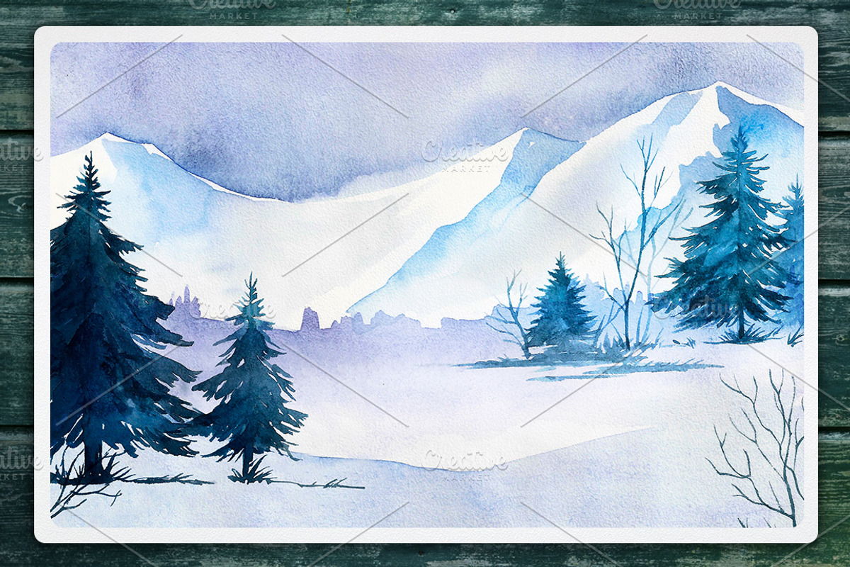 Winter Landscapes set#2. Watercolor., an Illustration by AlexGreenArt (Photo 8 of 9)