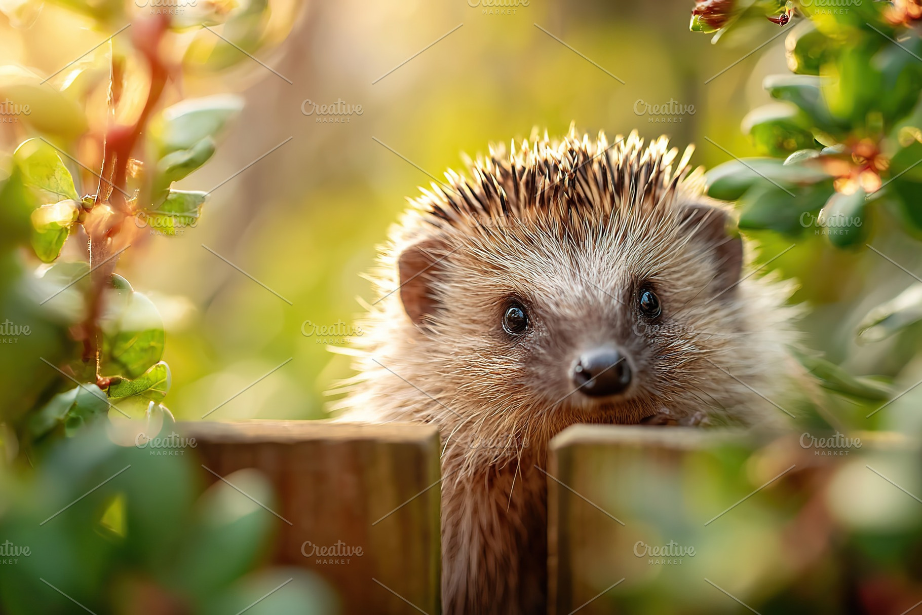 Curious hedgehog peeking through a wooden fence in a lush garden during sunset, a Photo by AlyaAnd