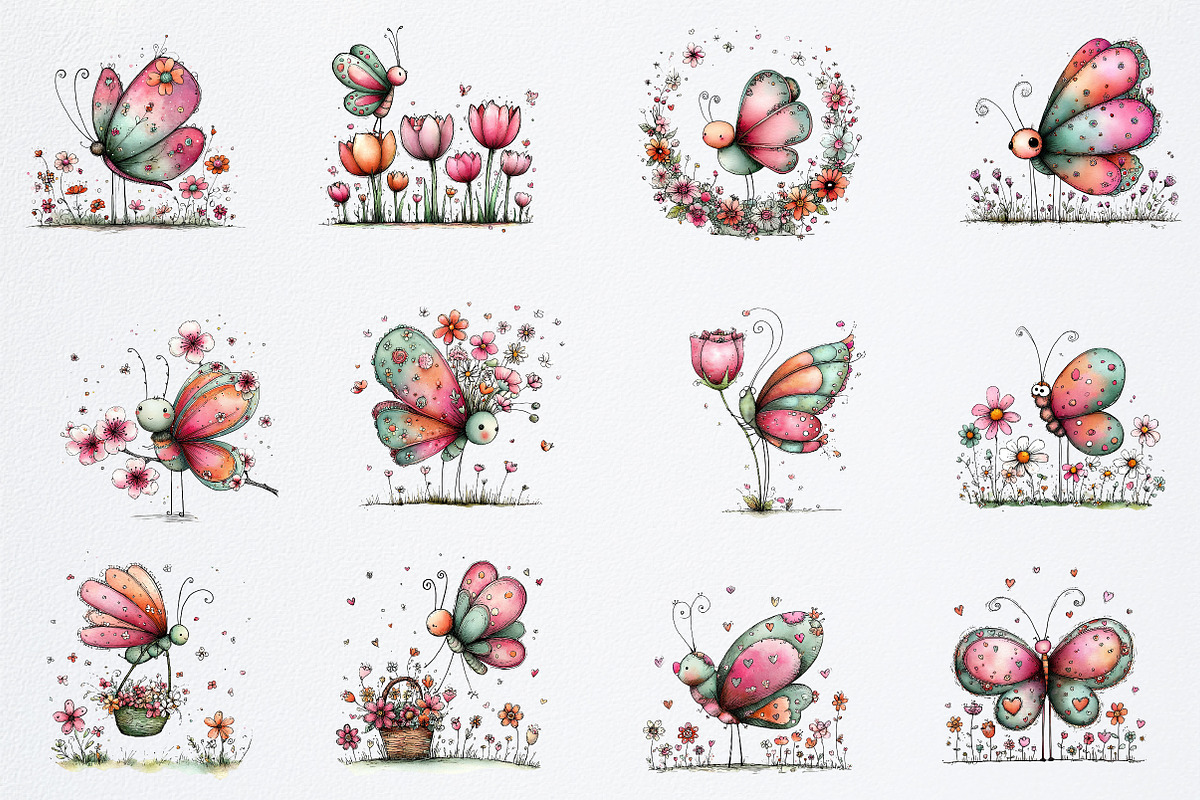 Whimsical Butterfly Flower Clipart, an Illustration by Watercolor design (Photo 2 of 6)