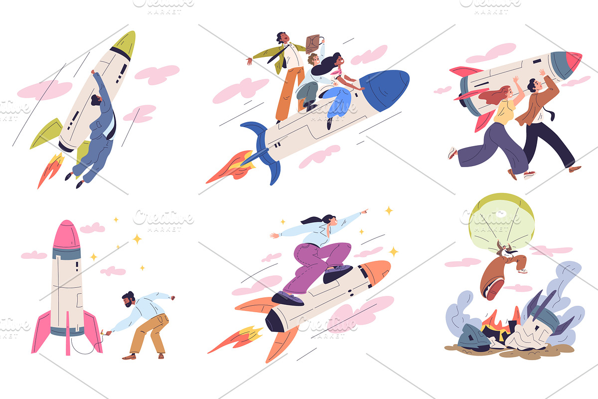 People flying rocket. Teamwork, a Finance Illustration by Stock-Smart-Start
